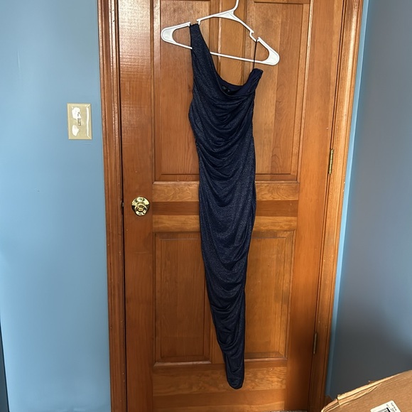 One Shoulder Navy Blue Glitter Cocktail Dress - Picture 4 of 7